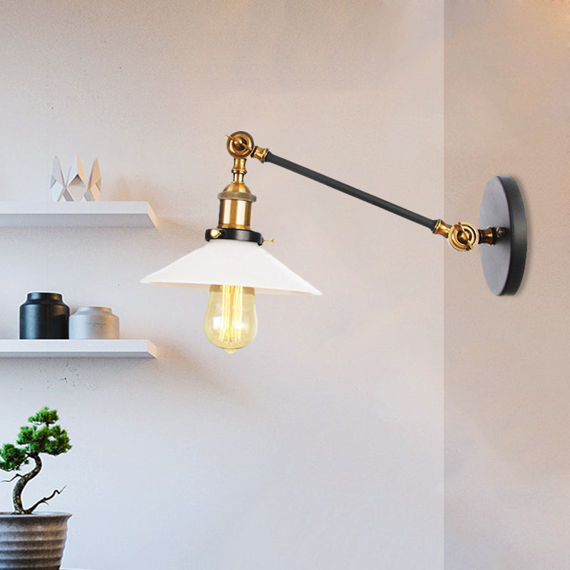 BowLift | Industrial Conical Wall Lamp 1 Light Opal Glass Wall Lamp in Black/Copper/Brass with Arm, 8"/12" L