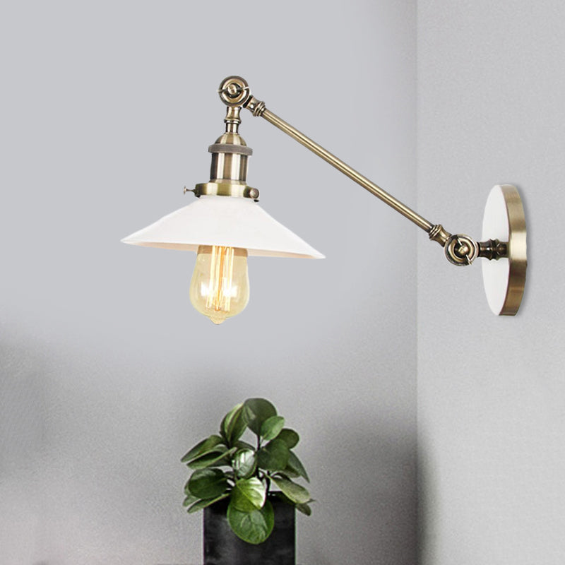 BowLift | Industrial Conical Wall Lamp 1 Light Opal Glass Wall Lamp in Black/Copper/Brass with Arm, 8"/12" L