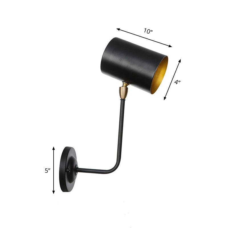 BowLift | Antiqued Right Angle Arm Wall Lamp 1 Lamp 6"/10" T Iron Wall Mounted Light in Black and Inner Gold with Cylindrical Shade