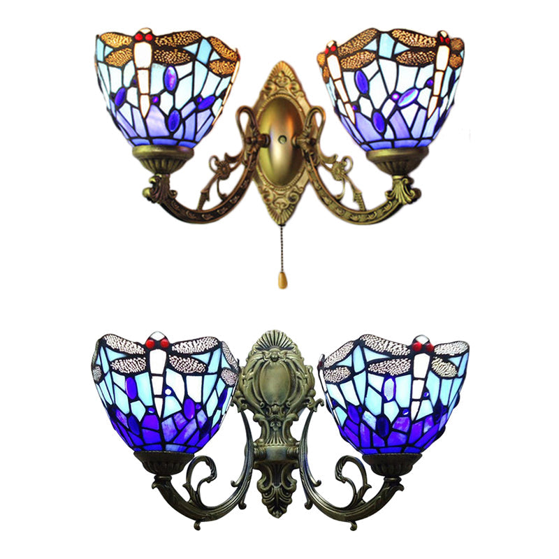 BowLift | 8.5"/11" Width Dragonfly Living Room Wall Lamp Stained Glass 2 Heads Tiffany Vintage Wall Light in Blue