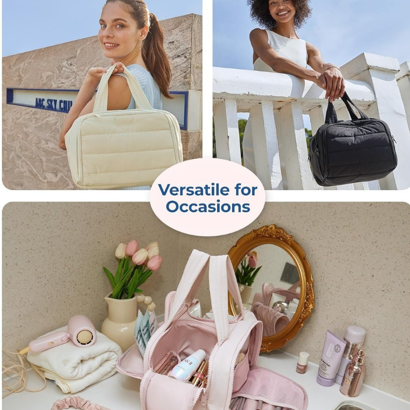 BowLift | Women’s Travel Toiletry Bag | Waterproof Lining | 4 Compartments | Upright Full-Open Design | 11 × 6.3 × 9.4 in