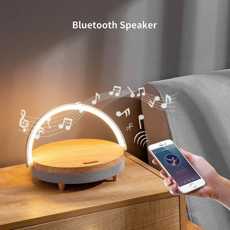 BowLift | Multifunctional Wooden Table Lamp with Bluetooth Speaker & Wireless Charger