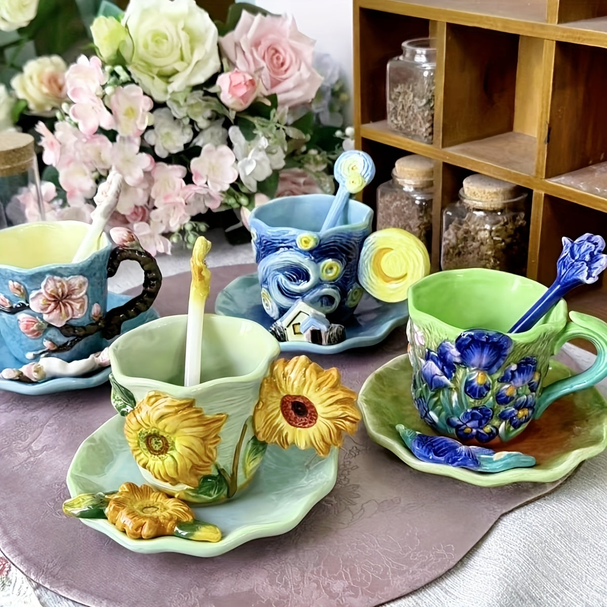 BowLift | ArtSip Ceramic Cup & Saucer Set – Hand-painted 3D Design inspired by Van Gogh