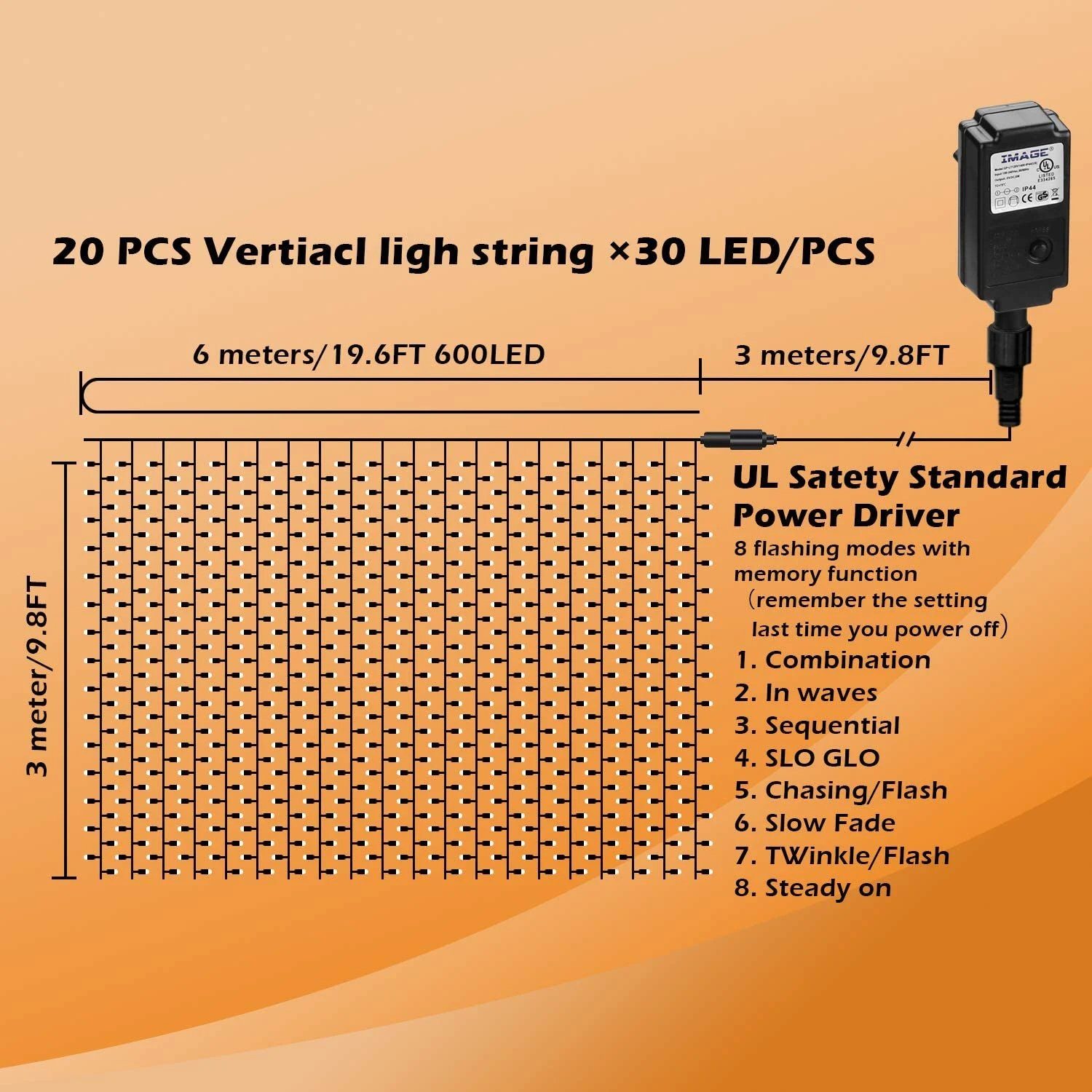 BowLift | 600 LED 9.8 x 19.6 FT. LED curtain lights with 8 light modes and memory function