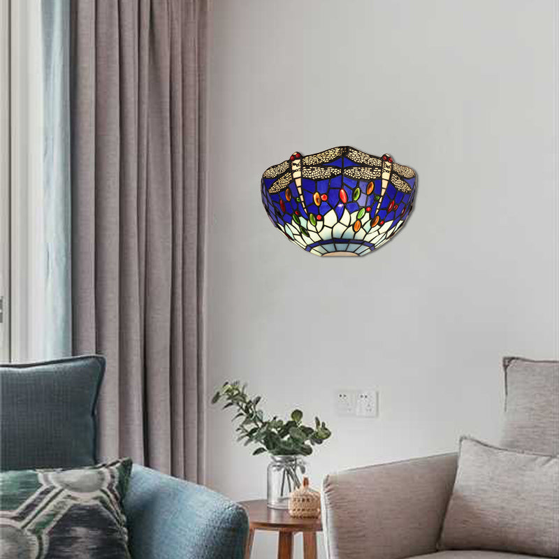 BowLift | Semi-circular wall lamp with dragonfly and decorative Tiffany glass wall light in red/blue for café