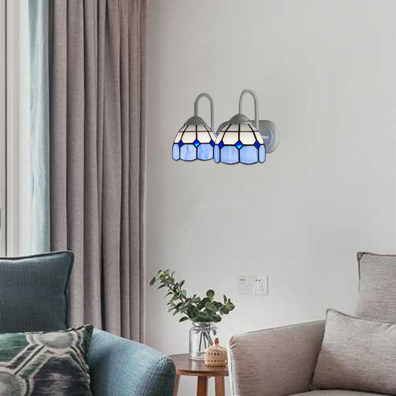 BowLift | 2 Heads Bowl Wall Lamp with Curved Arm Grid Glass Tiffany Style Vanity Lighting in Blue/Orange for Bathroom