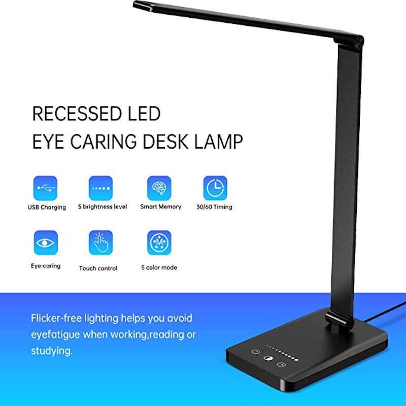BowLift | LED desk lamp with USB charging port, dimmable eye-friendly reading lamp for home, with 5 brightness levels & 3 light modes, touch control, auto timer (Black)