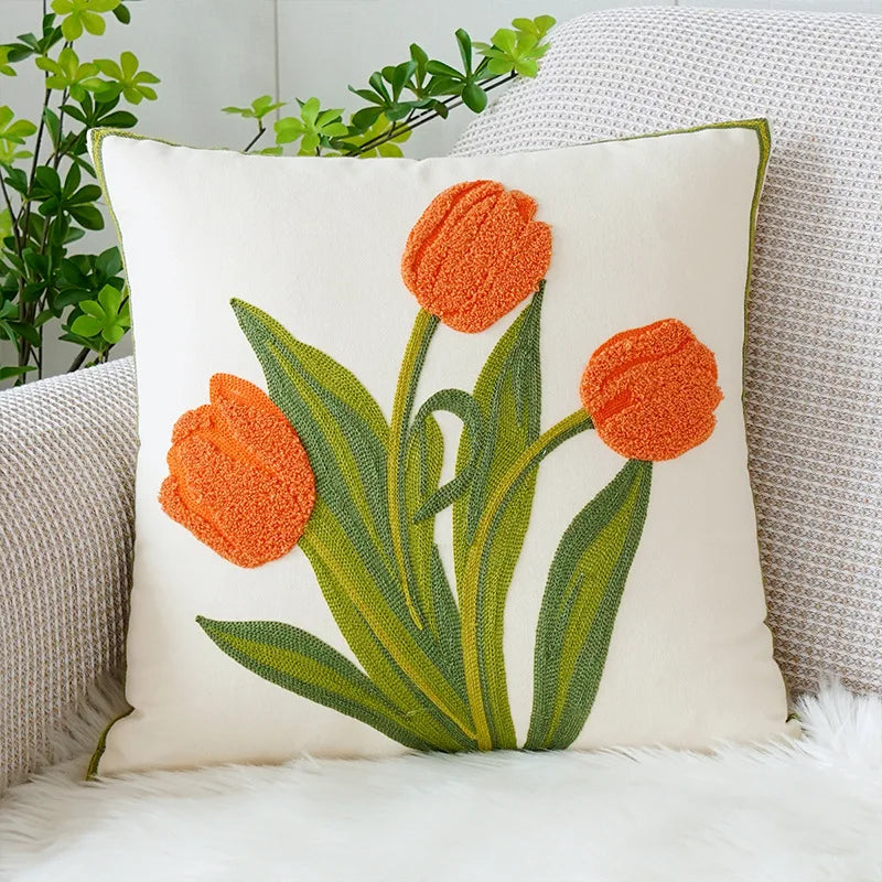 BowLift | Floral Embroidered Tulip & Orchid Cushion Cover