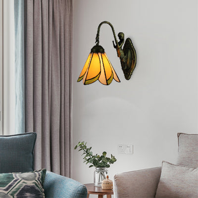 BowLift | 1 Head Petal Wall-mounted Light Tiffany Yellow/Blue-White Glass Wall Lamp With Siren Backplate