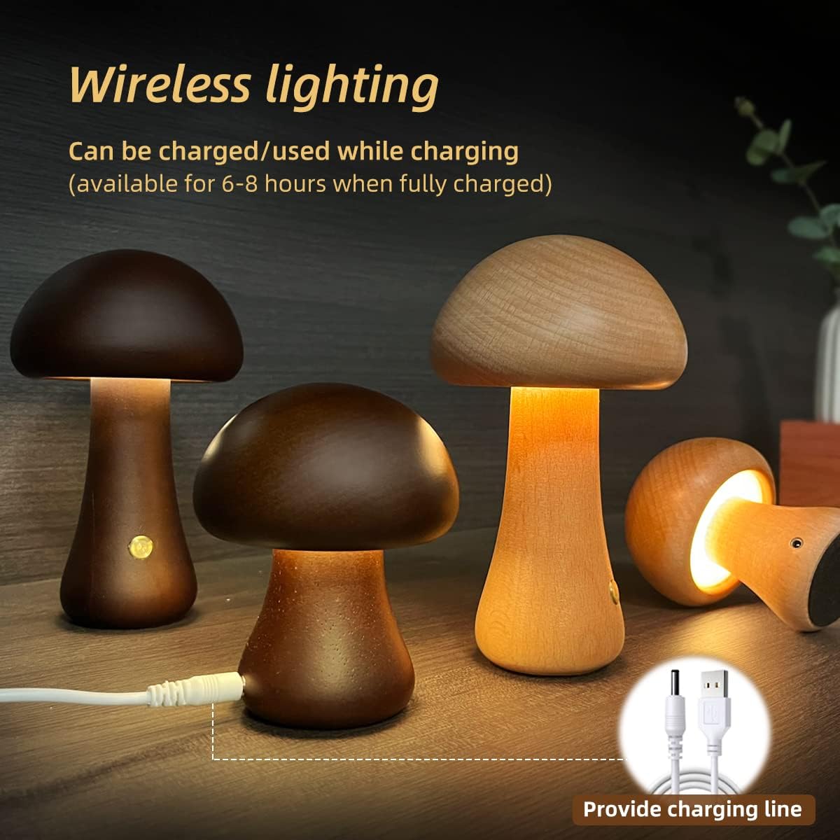 BowLift | LumoNight Wooden Mushroom Night Light – LED Bedside Lamp with Touch Control