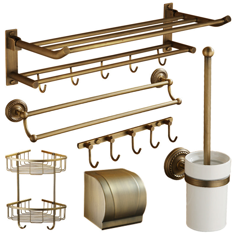 BowLift | Worn Brass Traditional Bathroom Set with Bath Shelf/Paper Holder & Towel Bar