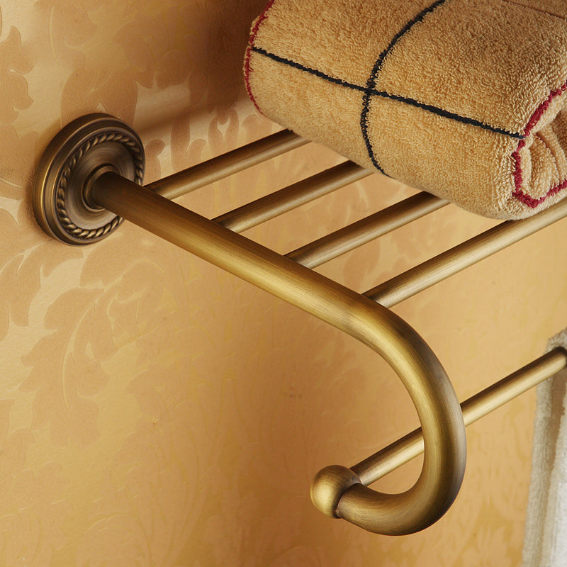 BowLift | Worn Brass Traditional Bathroom Set with Bath Shelf/Paper Holder & Towel Bar