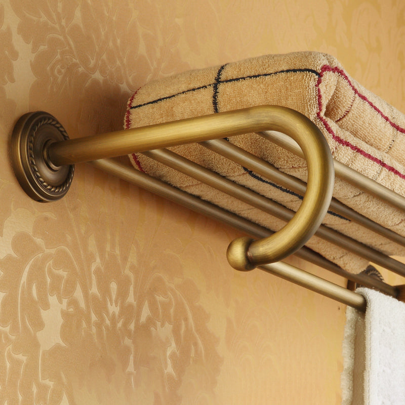 BowLift | Worn Brass Traditional Bathroom Set with Bath Shelf/Paper Holder & Towel Bar