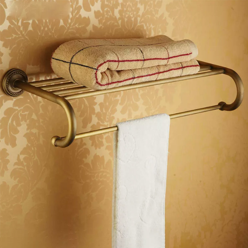 BowLift | Worn Brass Traditional Bathroom Set with Bath Shelf/Paper Holder & Towel Bar