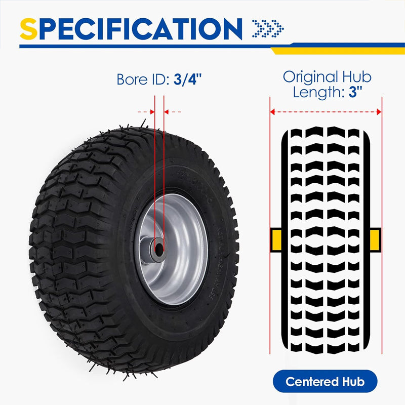 BowLift | 15x6-6" Lawn Mower Tires 2pcs Turf Tires 3" Centered Hub 3/4" Bushing for Riding Mowers