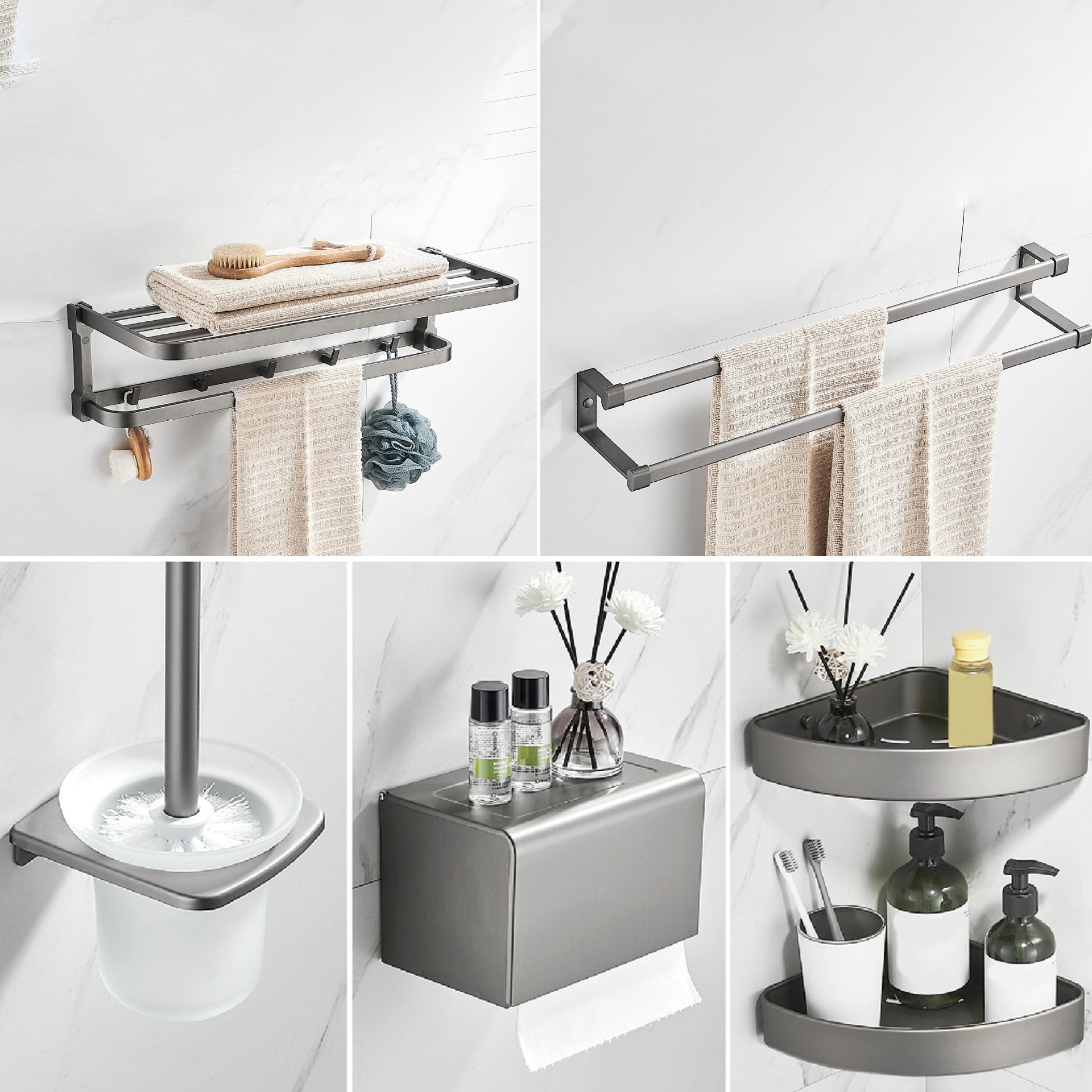 BowLift | Contemporary Metal 6-piece Bathroom Accessory Set with Bathroom Shelf