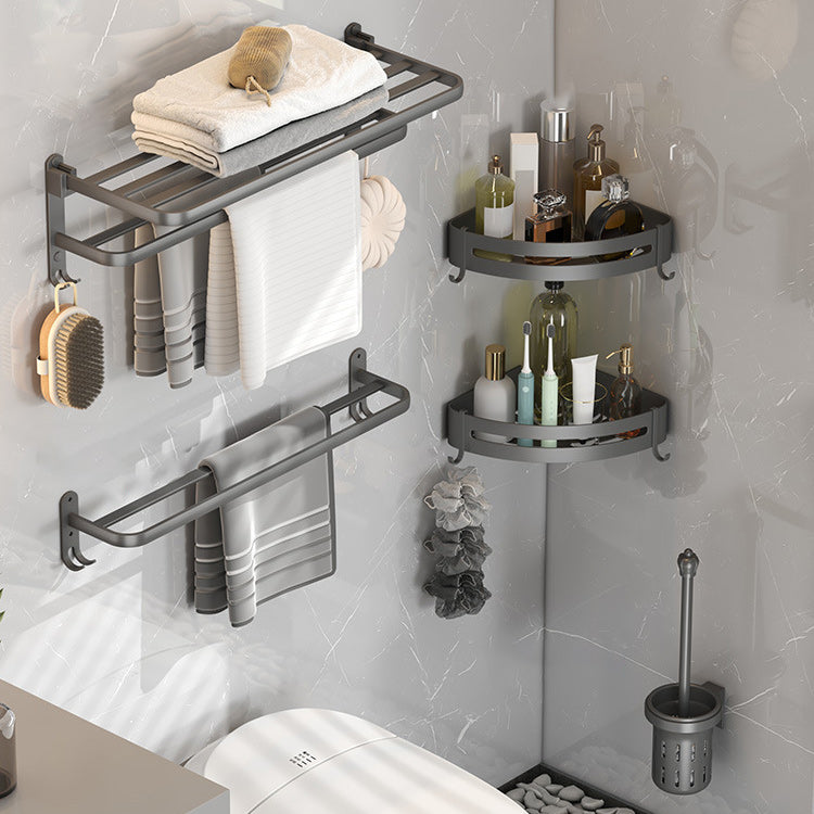 BowLift | Modern gray bathroom hardware set with bath shelf/towel holder/robe hook/toilet paper holder