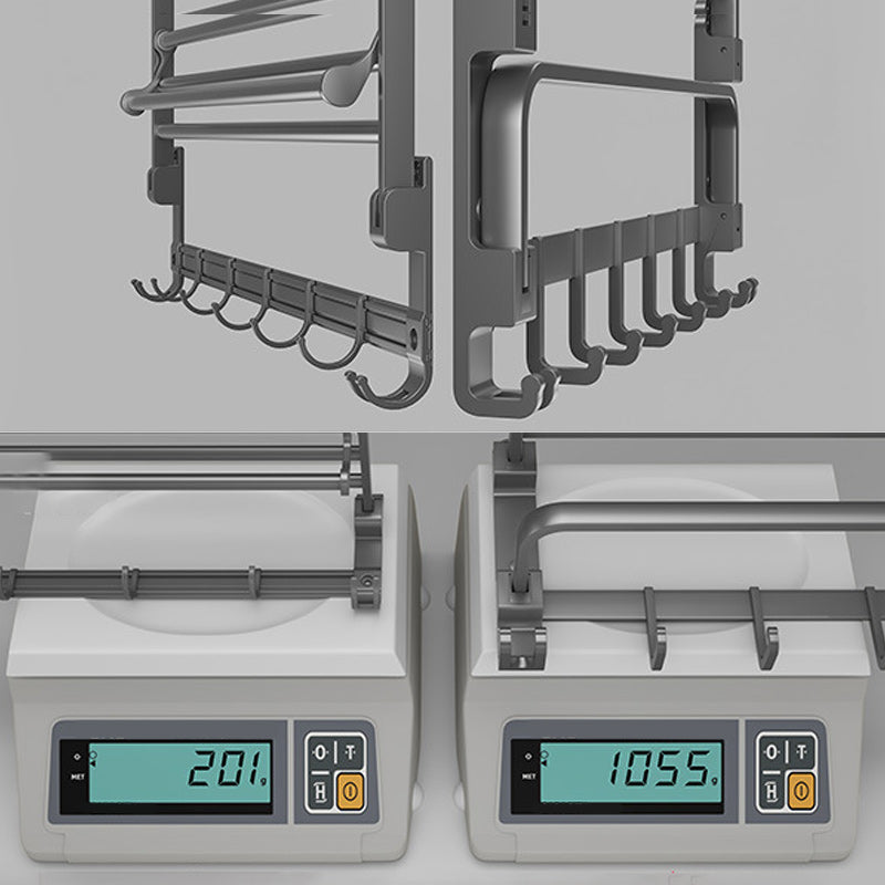 BowLift | Modern gray bathroom hardware set with bath shelf/towel holder/robe hook/toilet paper holder