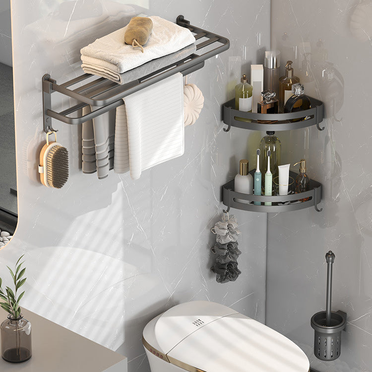 BowLift | Modern gray bathroom hardware set with bath shelf/towel holder/robe hook/toilet paper holder
