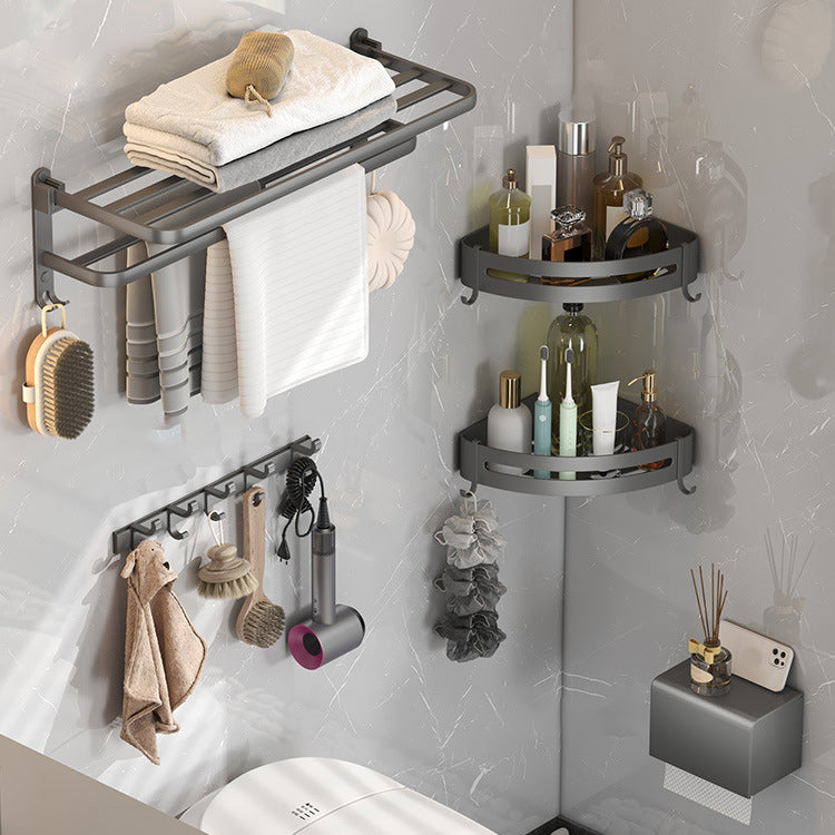 BowLift | Modern gray bathroom hardware set with bath shelf/towel holder/robe hook/toilet paper holder
