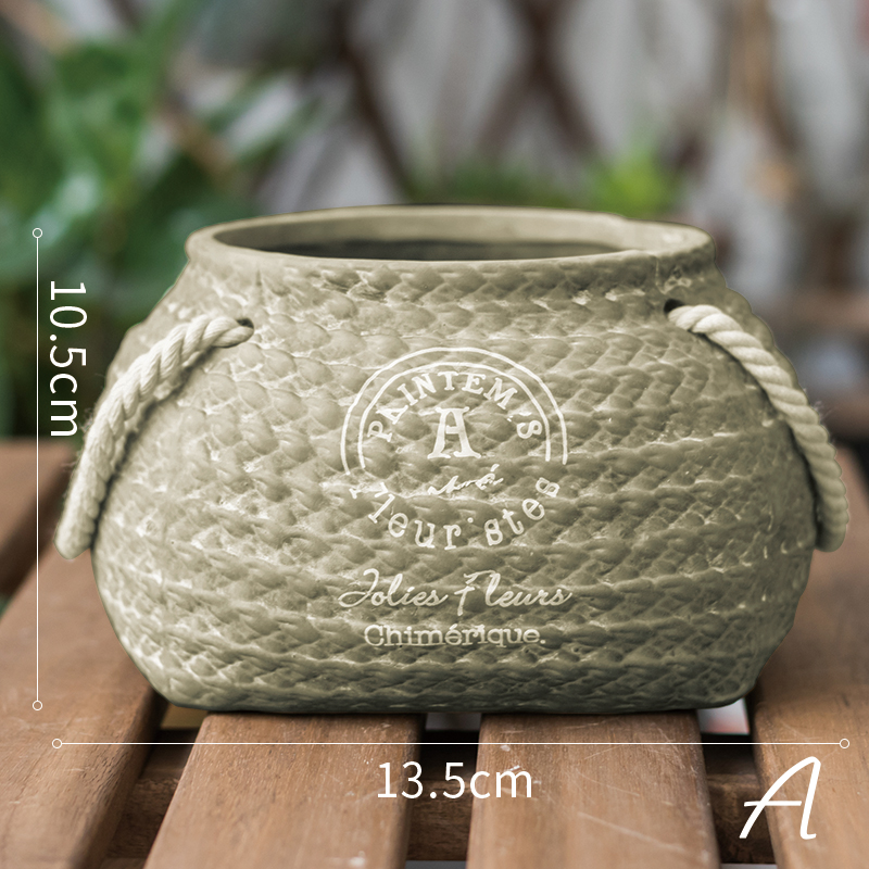 BowLift | Ceramic Plant Pot in Hemp Bag Design with Rope Handles – Decorative Flower Pot for Garden and Home