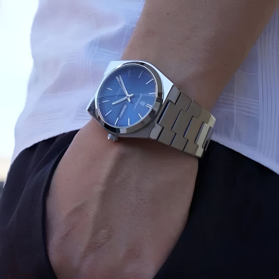 Stainless Steel Watch with Emerald Green Dial and Day-Date Display