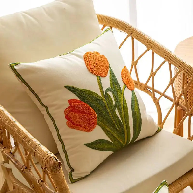 BowLift | Floral Embroidered Tulip & Orchid Cushion Cover
