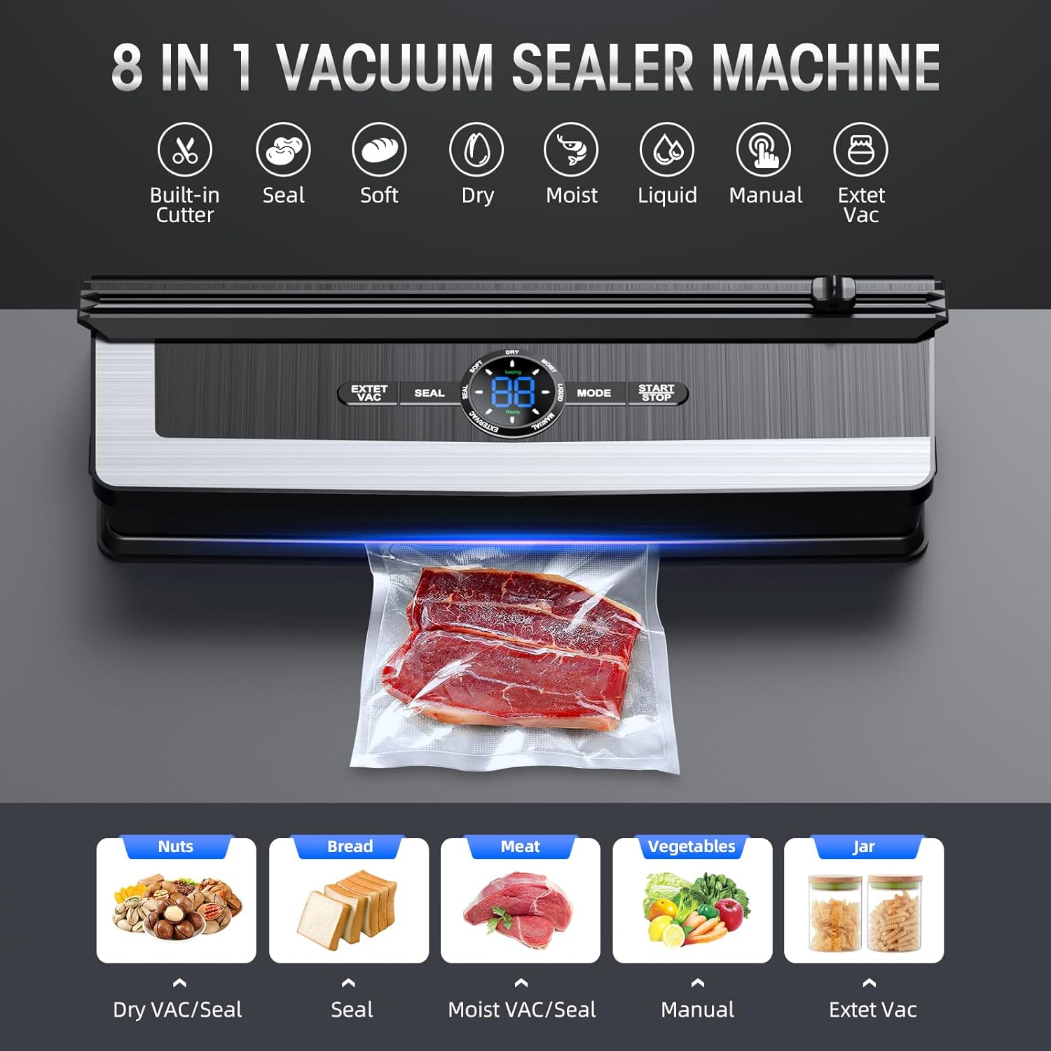 BowLift | 8-in-1 Vacuum Sealer with Built-In Cutter | Food Saver Machine for Dry & Moist Foods