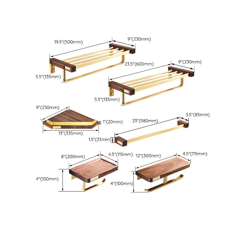 BowLift | 6-piece walnut bathroom accessory set metal gold bath hardware set