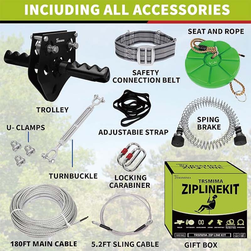 BowLift | Zipline Kit for Kids and Adult, 65 ft Zip Line Kits Up to 500 lb,Playground Entertainment with Zipline, Nylon Safety Harness, Seat, and Handlebar