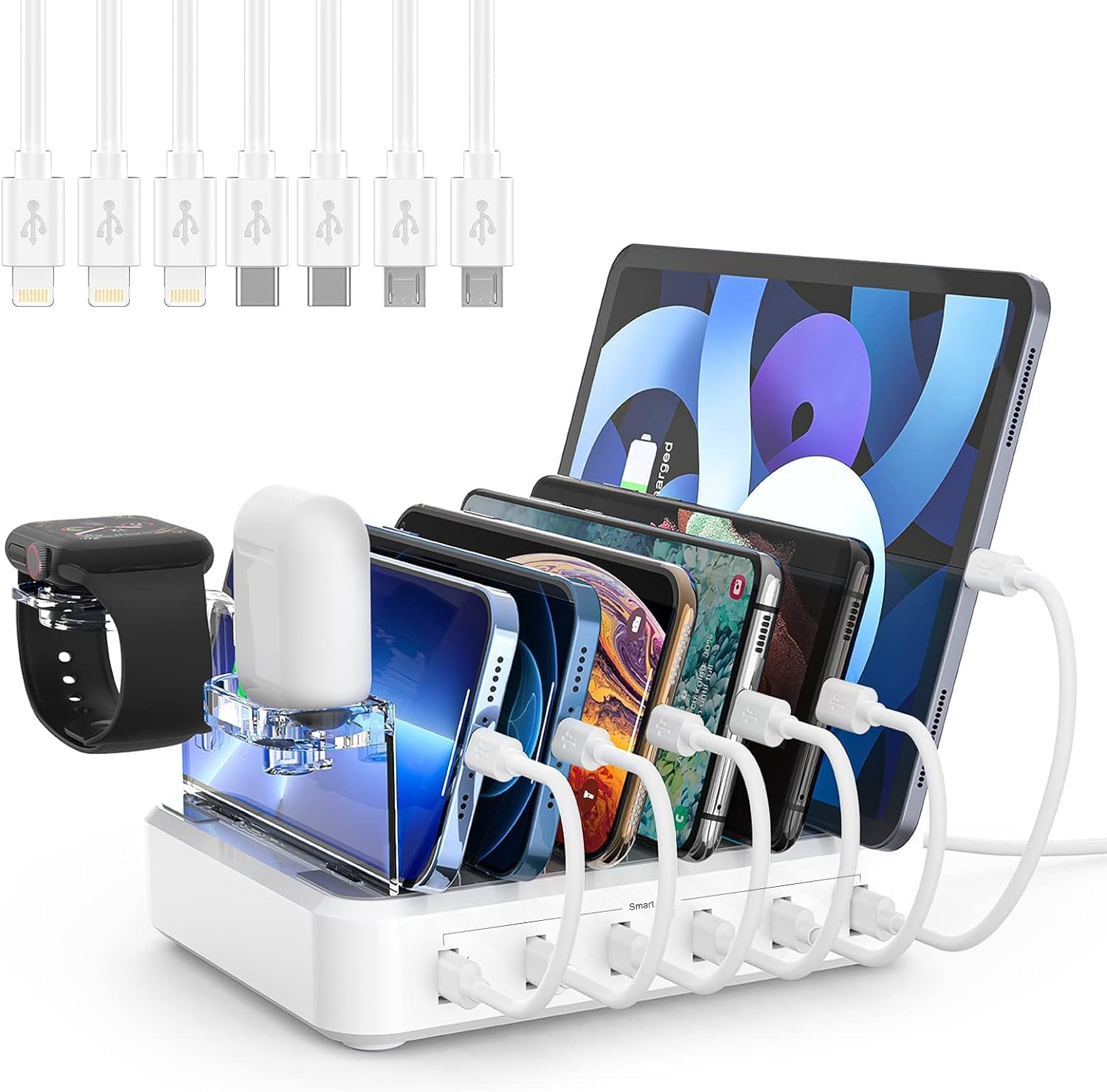 BowLift | 6-Port Multiple Device Fast Charging Station Organizer with Smart IC & Cable Set