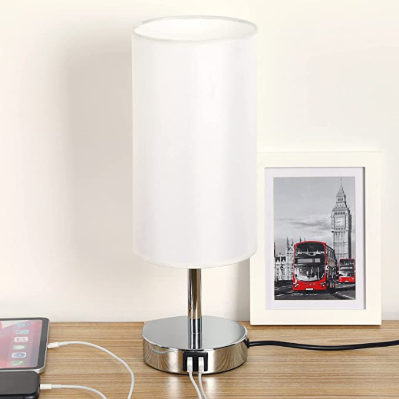 BowLift | Lamp with USB connection Touch-Control Table Lamp for Bedroom Wood 3-stage dimmable Bedside Lamp with Round Linen Fabric Shade for Living Room, Student Dorm, Home Office