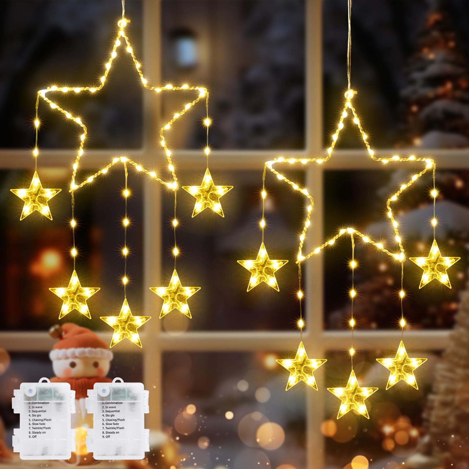 BowLift | Quntis 2Pcs 95cm Large Christmas Window Lights, 84LED 12 Stars Battery Operated Christmas Silhouette Sparkle Star Lights with Timer Memory, 8 Modes Xmas Indoor Outdoor Hanging Decoration, Warm White