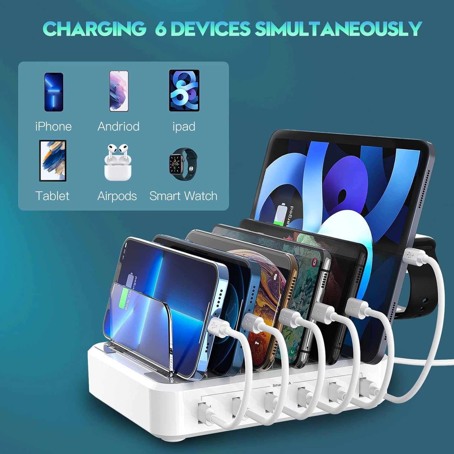 BowLift | 6-Port Multiple Device Fast Charging Station Organizer with Smart IC & Cable Set