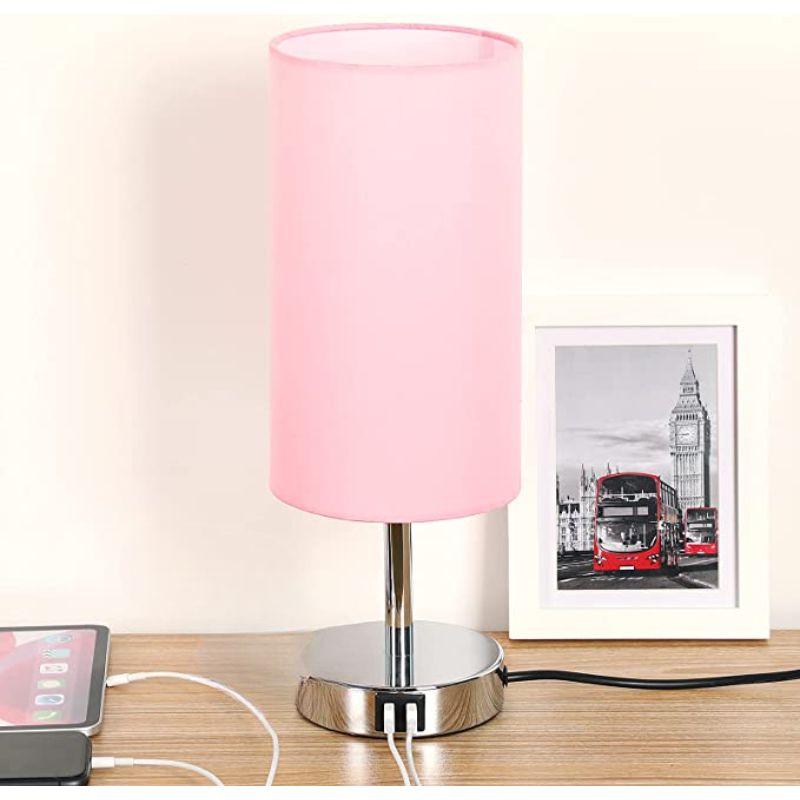BowLift | Lamp with USB connection Touch-Control Table Lamp for Bedroom Wood 3-stage dimmable Bedside Lamp with Round Linen Fabric Shade for Living Room, Student Dorm, Home Office