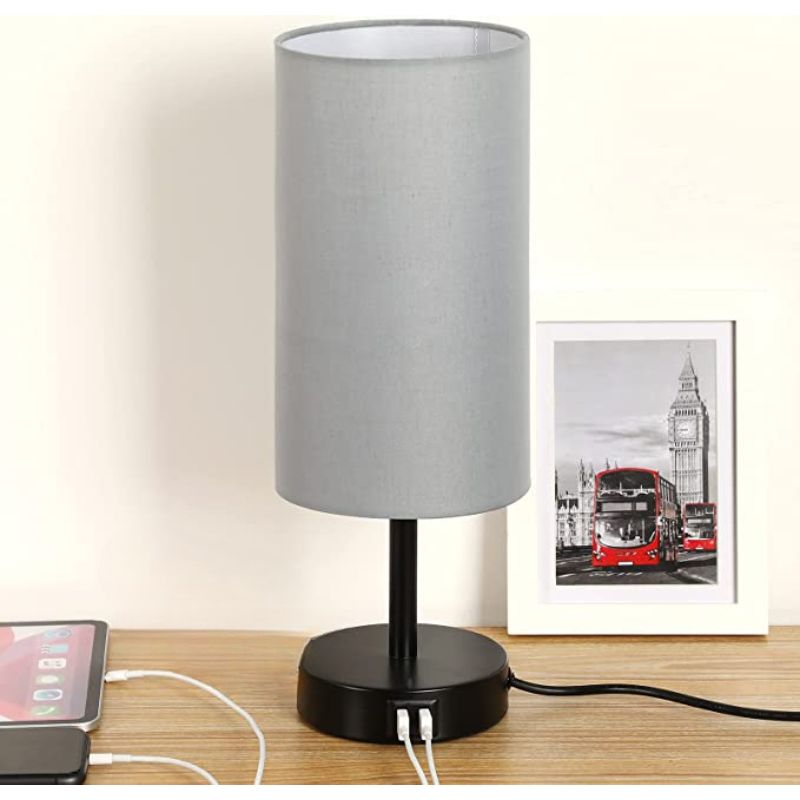 BowLift | Lamp with USB connection Touch-Control Table Lamp for Bedroom Wood 3-stage dimmable Bedside Lamp with Round Linen Fabric Shade for Living Room, Student Dorm, Home Office