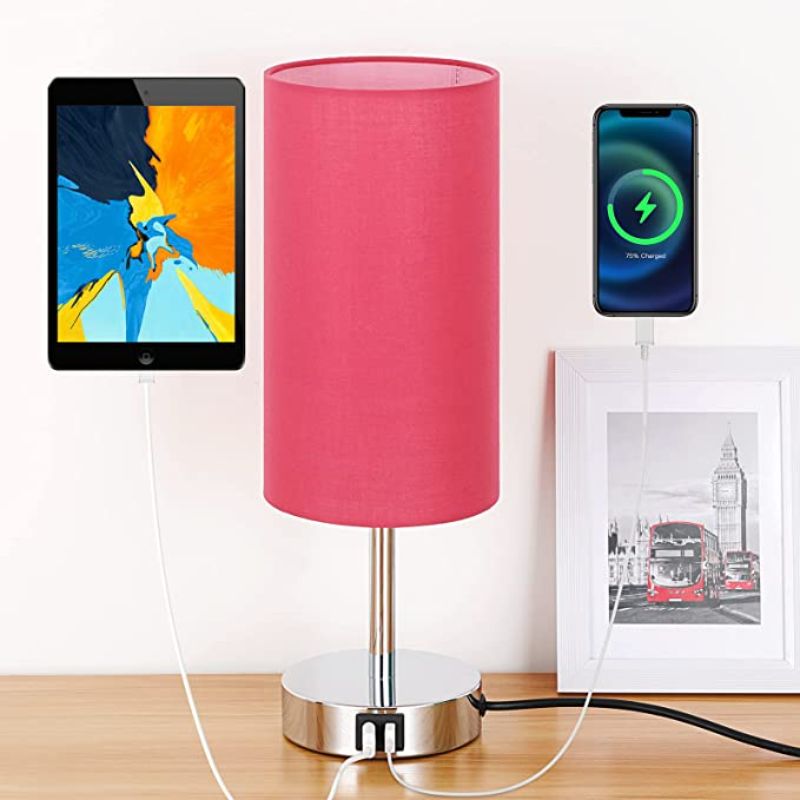 BowLift | Lamp with USB connection Touch-Control Table Lamp for Bedroom Wood 3-stage dimmable Bedside Lamp with Round Linen Fabric Shade for Living Room, Student Dorm, Home Office