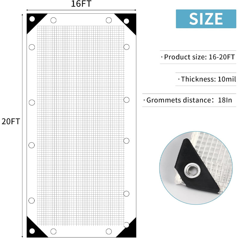 BowLift | 16x20 ft Heavy Duty Poly Tarp 10 Mil UV Resistant Clear Tarp Plastic Poly Tarp Cover Greenhouse Tarp