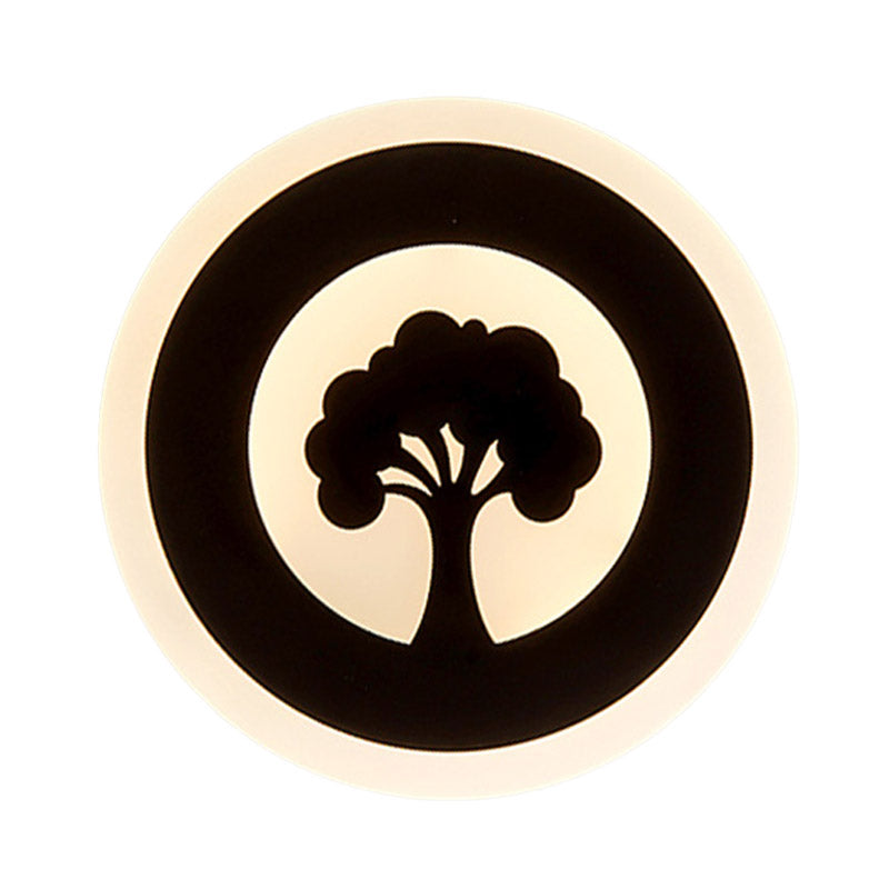 BowLift | Acrylic Round Wall Lighting Modernism LED Flush Wall Lamp in Black with Tree Pattern, White/Warm Light