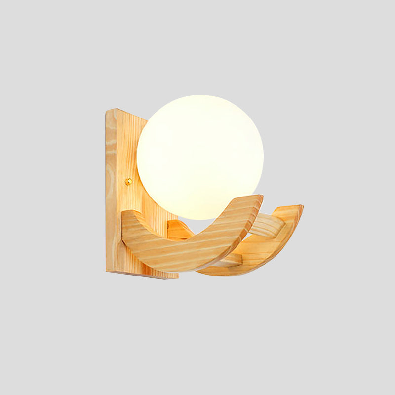 BowLift | Curved Arm Wooden Wall Lamp Modern 1 Bulb Beige Wall Mount Lamp with Orb White Glass Shade