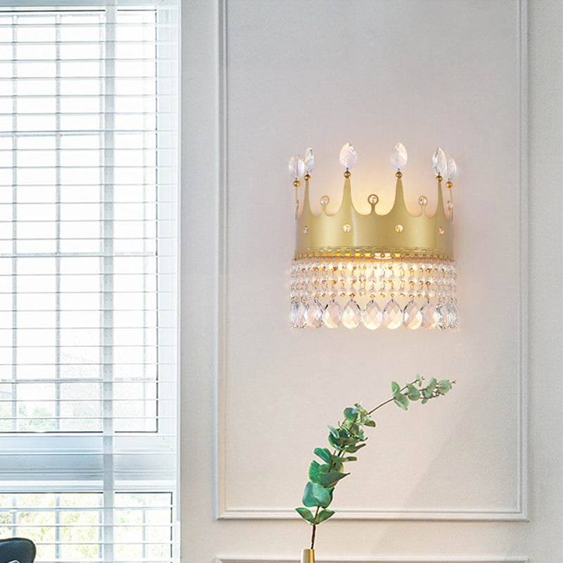 BowLift | Contemporary Crown Wall Light Wall Lamp 2 Bulbs Metallic Wall Mounted Lamp Fixture in Gold with Crystal Drops