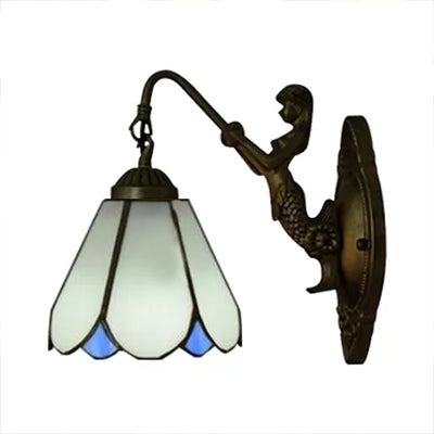 BowLift | 1 Headcone Wall Light Tiffany White/Blue Glass Wall Light with Mermaid Backplate