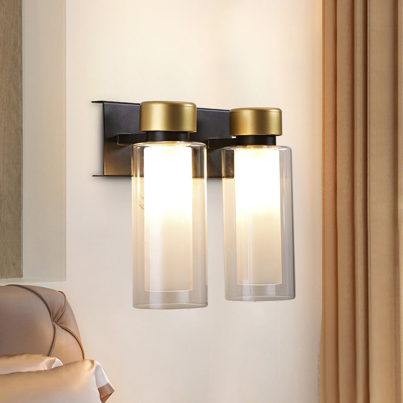 BowLift | Brass Dual Cylinder Wall Lamp Post-Modern 2 Lamps Clear Glass LED Wall Mount Lamp