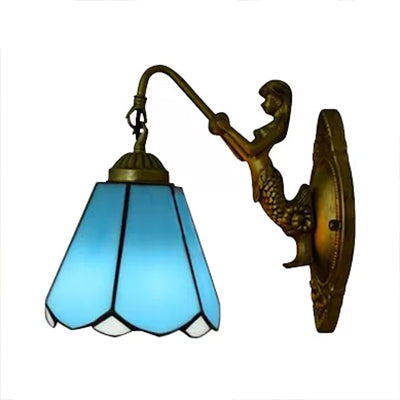 BowLift | 1 Headcone Wall Light Tiffany White/Blue Glass Wall Light with Mermaid Backplate
