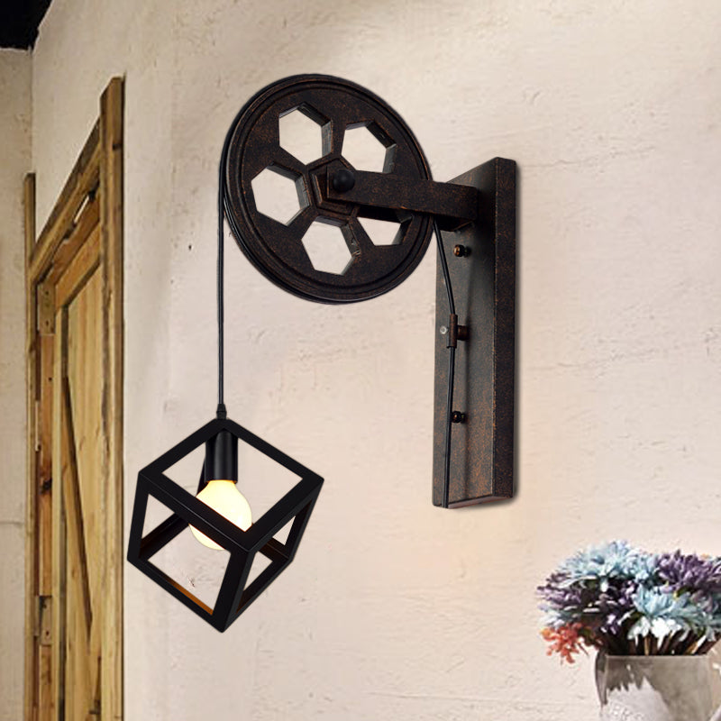 BowLift | Black 1 Head Wall Scone Light Vintage Industrial Wrought Iron Square Cage Wall Lighting for Farmhouse