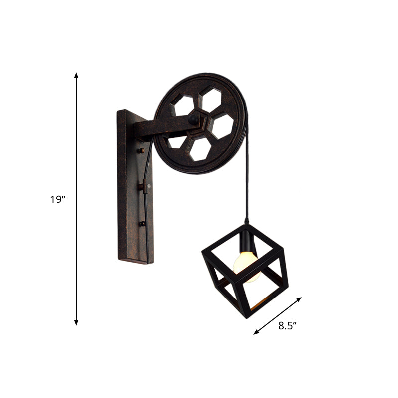 BowLift | Black 1 Head Wall Scone Light Vintage Industrial Wrought Iron Square Cage Wall Lighting for Farmhouse