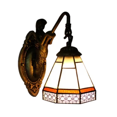 BowLift | Cone Wall Lamp Fixture 1 Head Blue/Green/Amber Glass Tiffany Wall Lamp with Mermaid Backplate