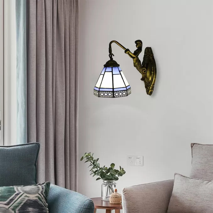 BowLift | Cone Wall Lamp Fixture 1 Head Blue/Green/Amber Glass Tiffany Wall Lamp with Mermaid Backplate
