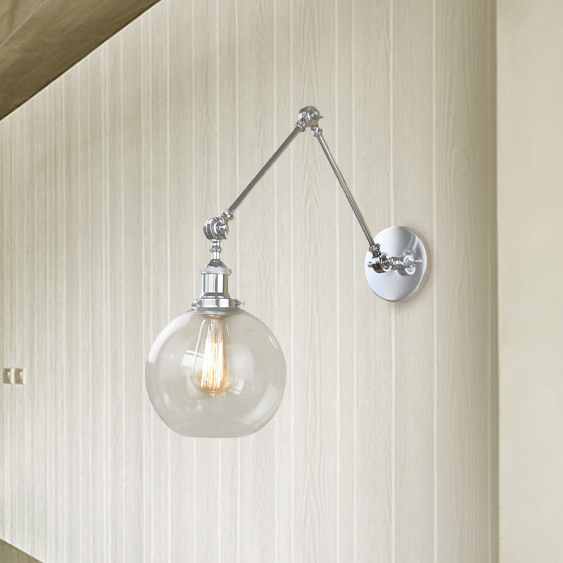 BowLift | A wall lamp with a glass globe shade, clear glass, industrial dining room wall light with swivel arm
