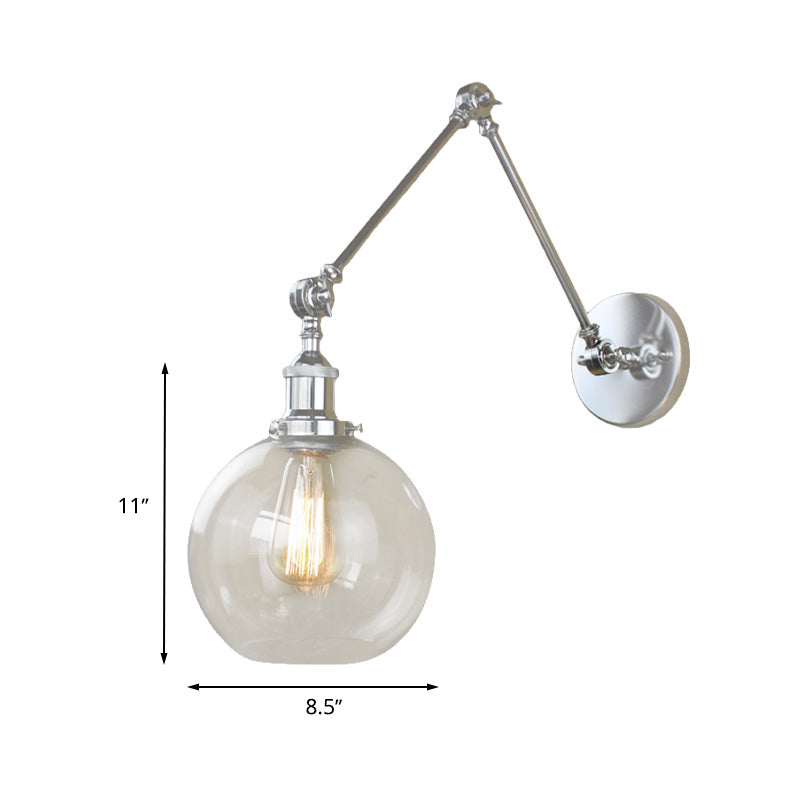 BowLift | A wall lamp with a glass globe shade, clear glass, industrial dining room wall light with swivel arm